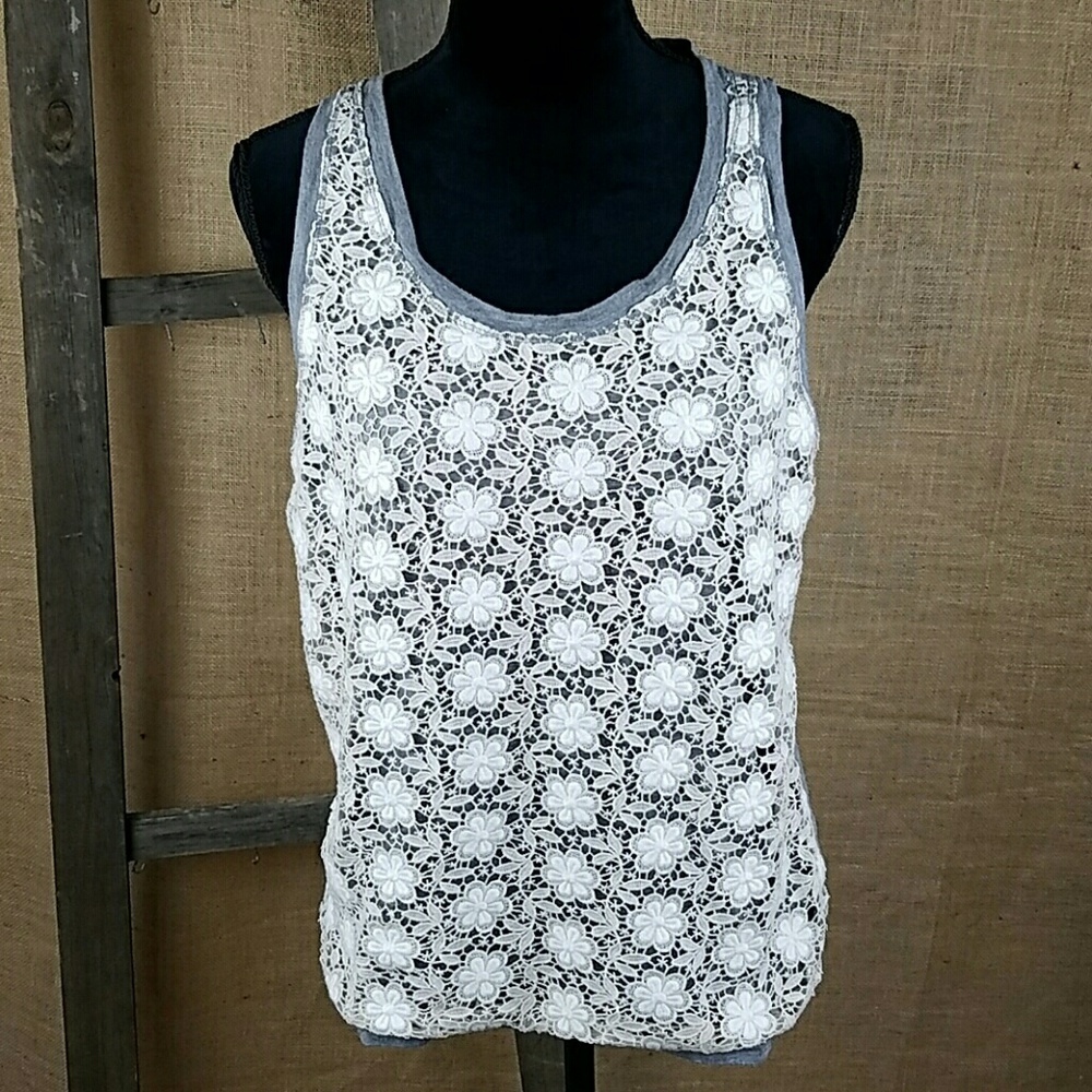 J. Crew women M crocheted lace tank top gray sleeveless grungecore punk boho‎